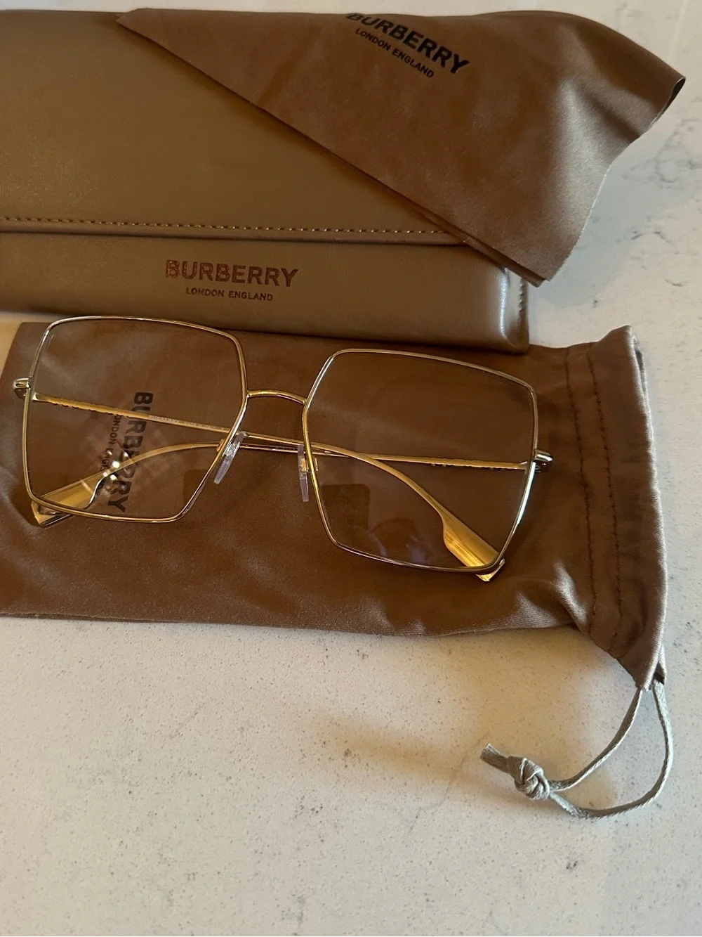 Burberry Gold Metal Square Sunglasses with Blue Light Lenses